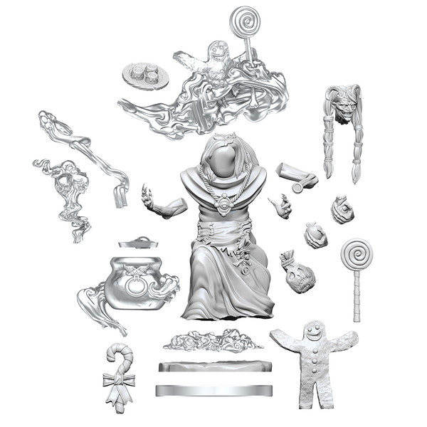 Unassembled model kit of a character with various parts on a white background