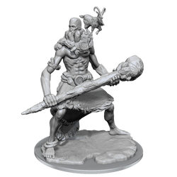 Unpainted fantasy figurine with armor and weapon on a white background