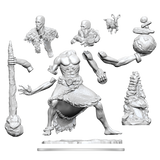 Unfinished sculpture of a warrior with various parts on a white background