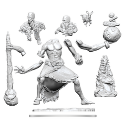 Unfinished sculpture of a warrior with various parts on a white background