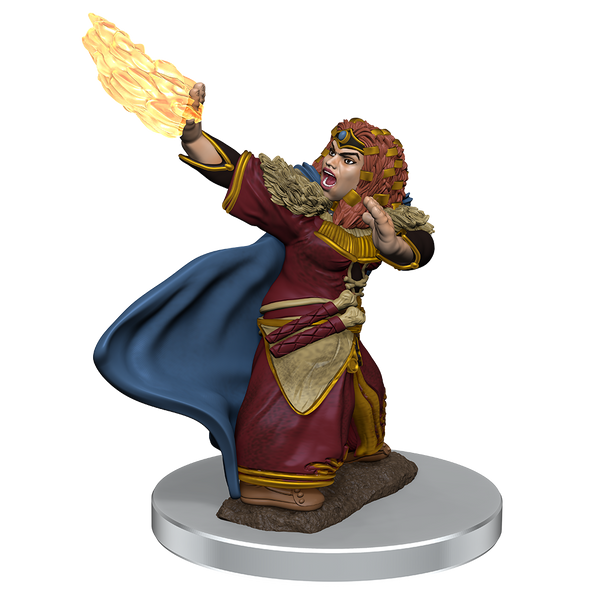 Fantasy figurine with a character holding flames on a white background