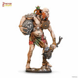 Miniature Giant holding a club and stone on a white background.