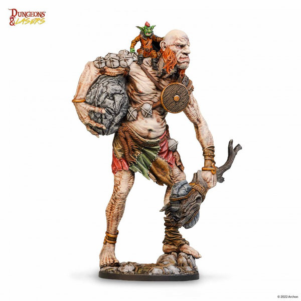 Miniature Giant holding a club and stone on a white background.