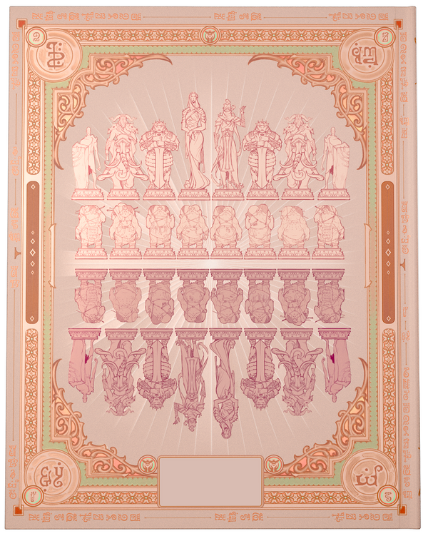 Decorative sheet with intricate designs and patterns on a pink background