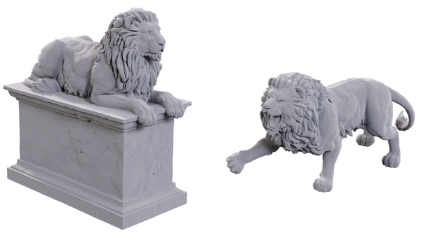 Two stone lion sculptures on a white background