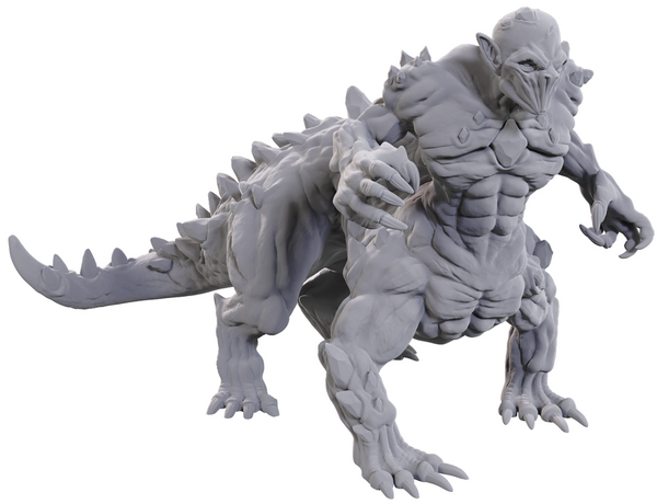 Gray monster figure with spiked back and large claws on a white background