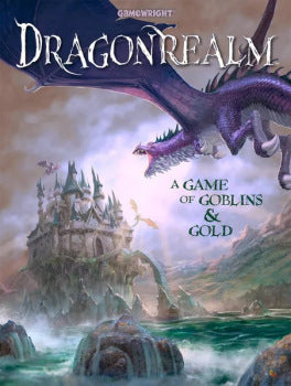 Cover of 'Dragonrealm' game with a dragon flying over a castle.