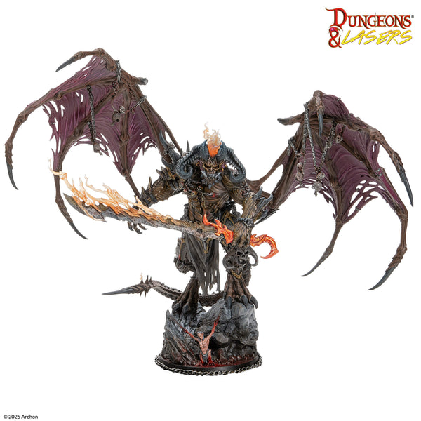 Fantasy figurine of a dragon with a character on its back, featuring 'Dungeons & Lasers' logo.