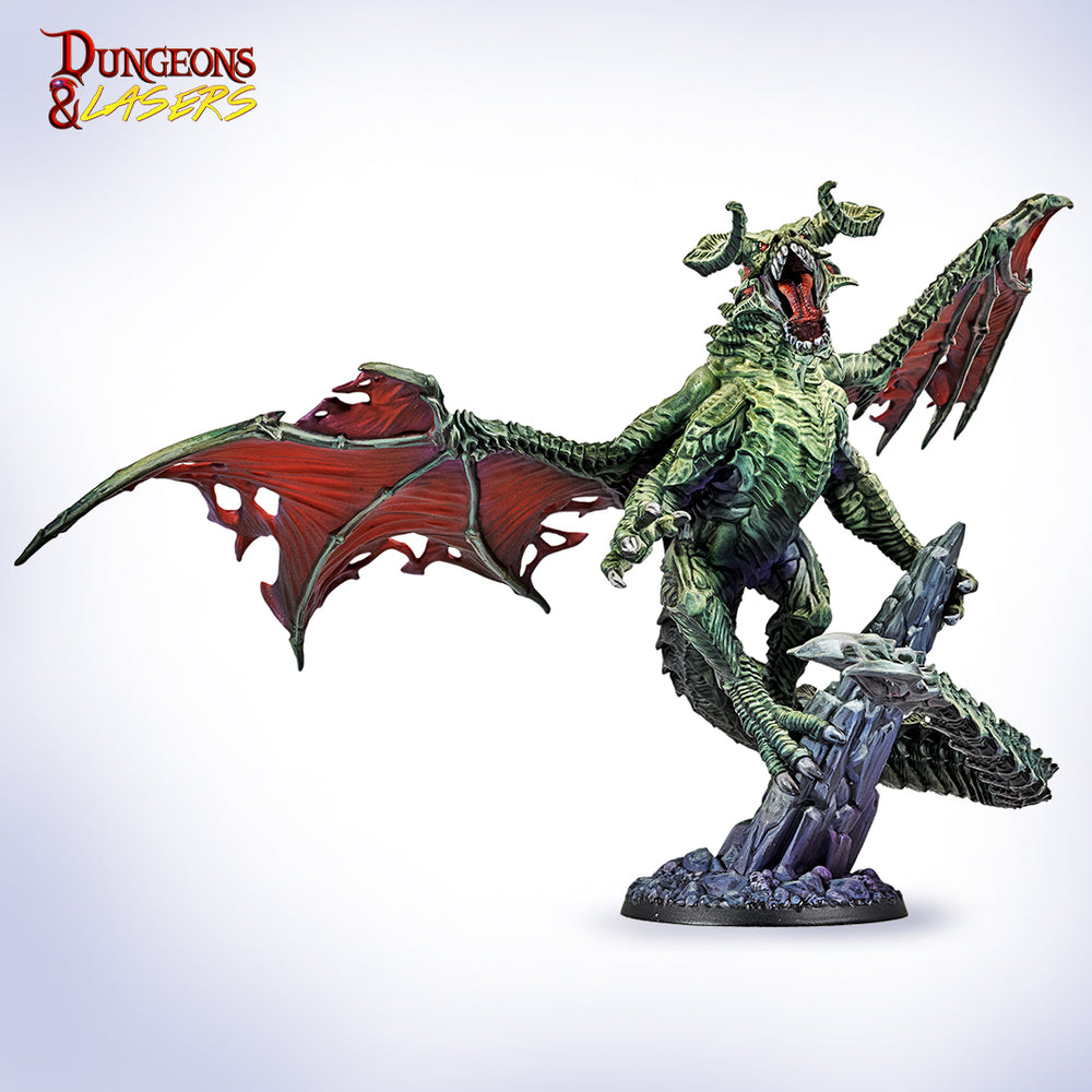 Fantasy dragon figurine with red wings on a white background, featuring the 'Dungeons & Lasers' logo.