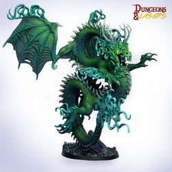 Green dragon figurine with blue accents on a white background, featuring the 'Dungeons & Dragons' logo.