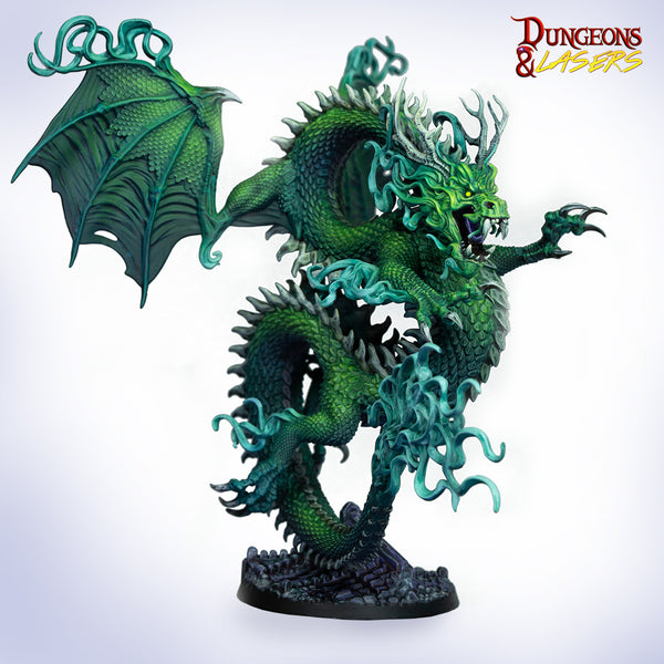 Green dragon figurine with blue accents on a white background, featuring the 'Dungeons & Dragons' logo.