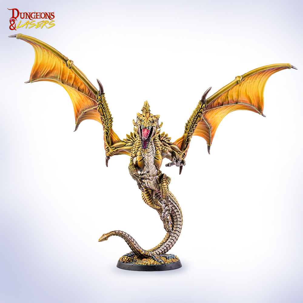 Dragon figurine with open wings on a white background, featuring the 'Dungeons & Dragons' logo.