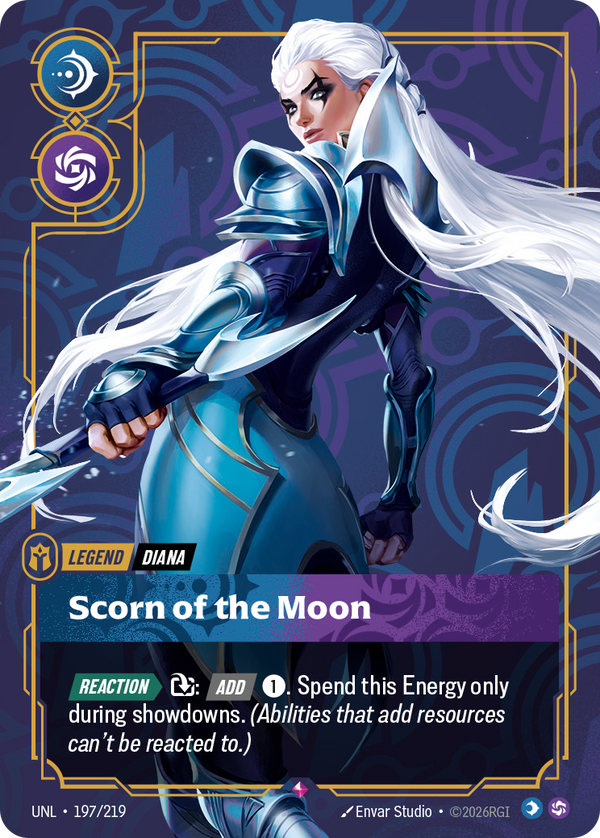 Riftbound Legend: Scorn of the Moon. [Reaction][>] [T]: [Add] [1]. Spend this Energy only during showdowns. (Abilities that add resources can't be reacted to.)