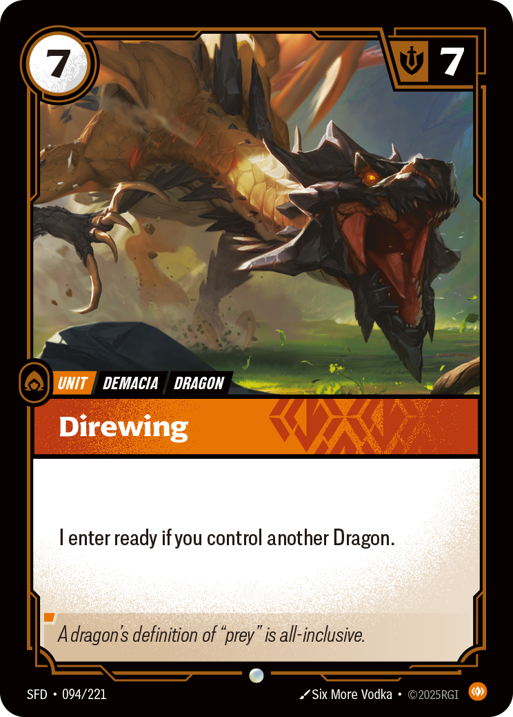 Riftbound Unit: Direwing. I enter ready if you control another Dragon.