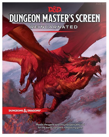 Dungeon Master's Screen Reincarnated book cover with a red dragon illustration on a blue sky background