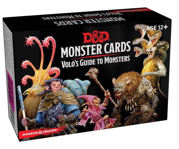 Box of D&D Monster Cards featuring illustrations of characters and monsters on a black background.