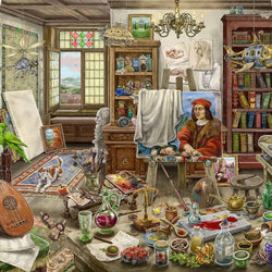 Detailed interior scene of a Renaissance-era artist's studio with books, tools, and artworks.