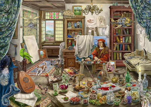 Detailed interior scene of a Renaissance-era artist's studio with books, tools, and artworks.