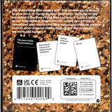 Back of a card game box with text and cards displayed on a textured brown background