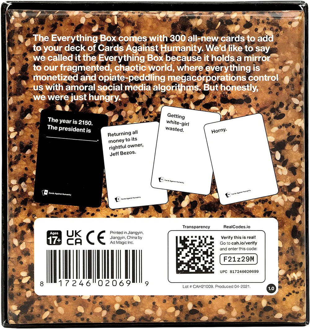 Back of a card game box with text and cards displayed on a textured brown background