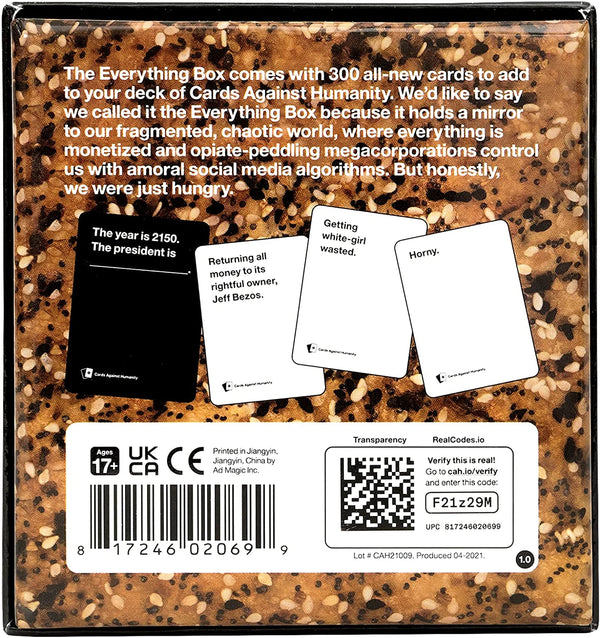 Back of a card game box with text and cards displayed on a textured brown background