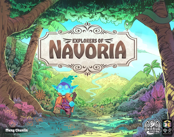 Board game box for 'Explorers of Navoria' with a colorful forest scene and character.