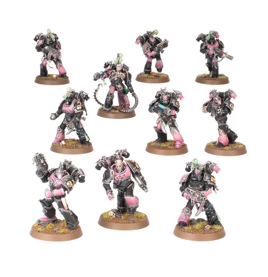 Set of miniature figures with black and pink armor on a white background
