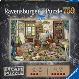 Ravensburger puzzle box with a detailed scene of a room and people, labeled 'Escape Puzzle'.
