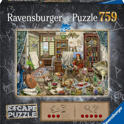 Ravensburger puzzle box with a detailed scene of a room and people, labeled 'Escape Puzzle'.