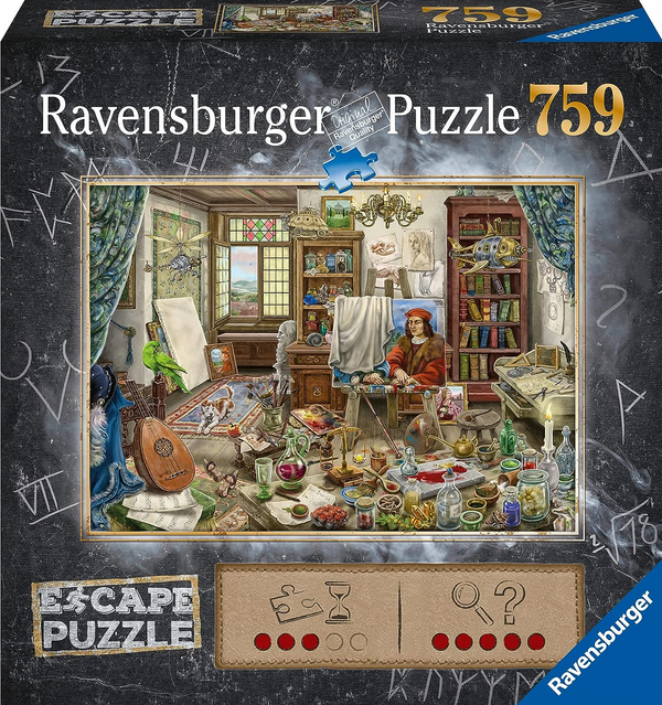 Ravensburger puzzle box with a detailed scene of a room and people, labeled 'Escape Puzzle'.