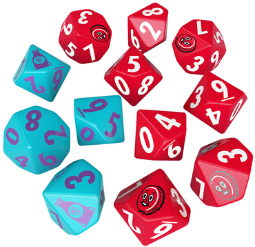 A collection of multicolored dice with numbers and symbols related to the NUKA-COLA brand, including red dice with white numbers and teal dice with pink numbers.