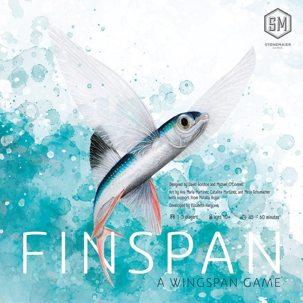 Board game box for 'Finspan' with a fish illustration on a blue and white background.
