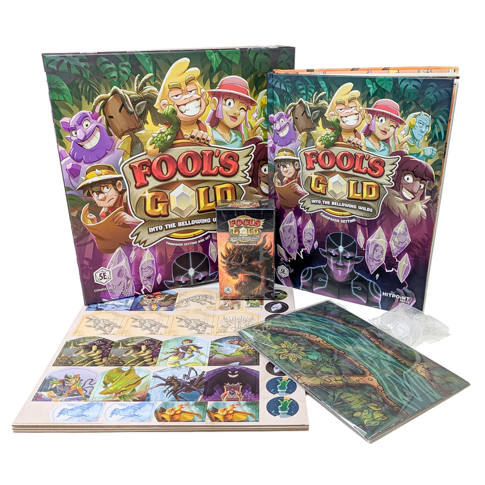 Board game packaging for 'Fool's Gold' with colorful illustrations and game components.