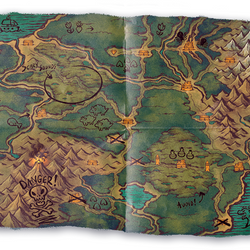 Cartoon-style map with mountains, water, and a 'Danger!' label on a white background