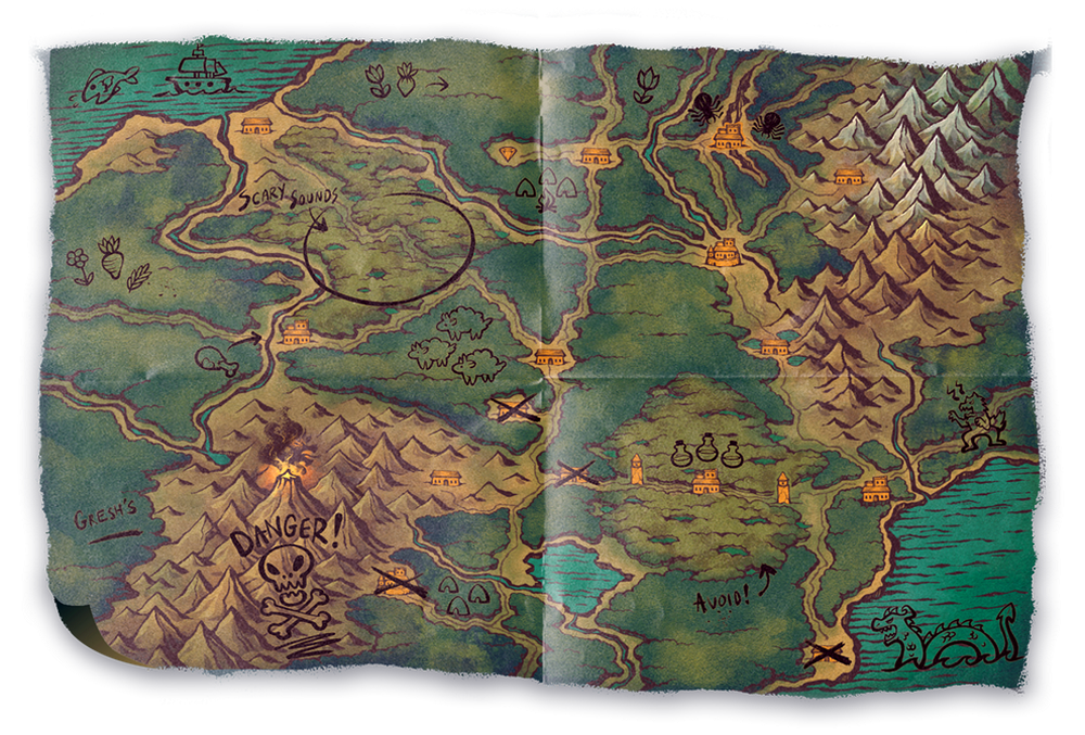 Cartoon-style map with mountains, water, and a 'Danger!' label on a white background