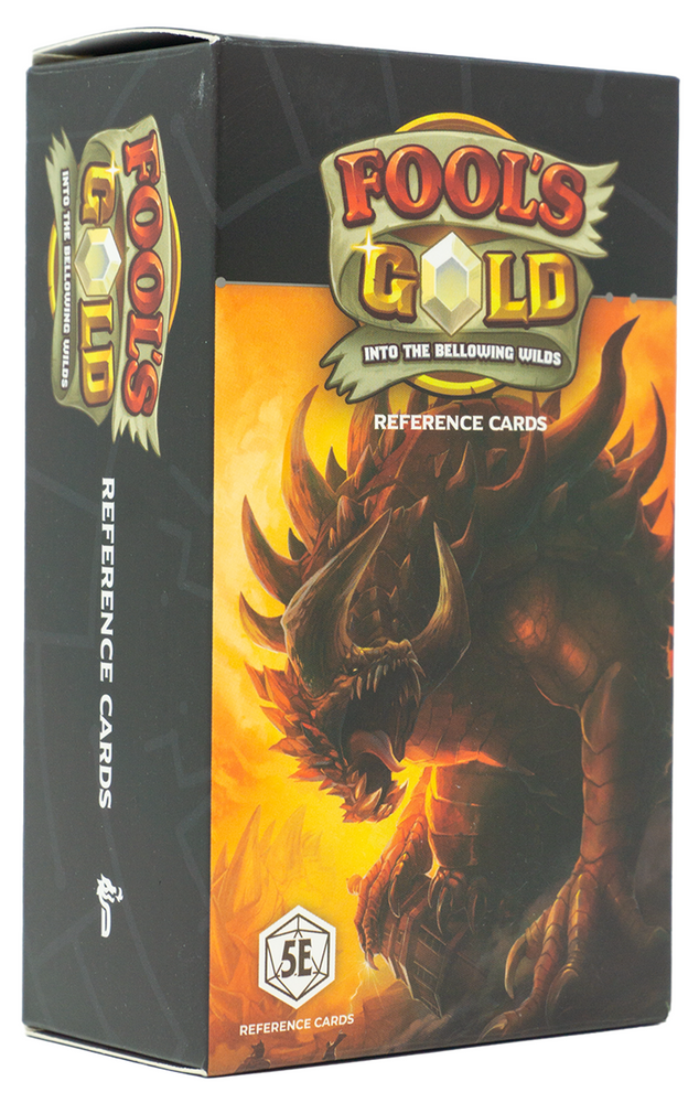 Box of 'Fool's Gold' reference cards with a dragon illustration on a black background