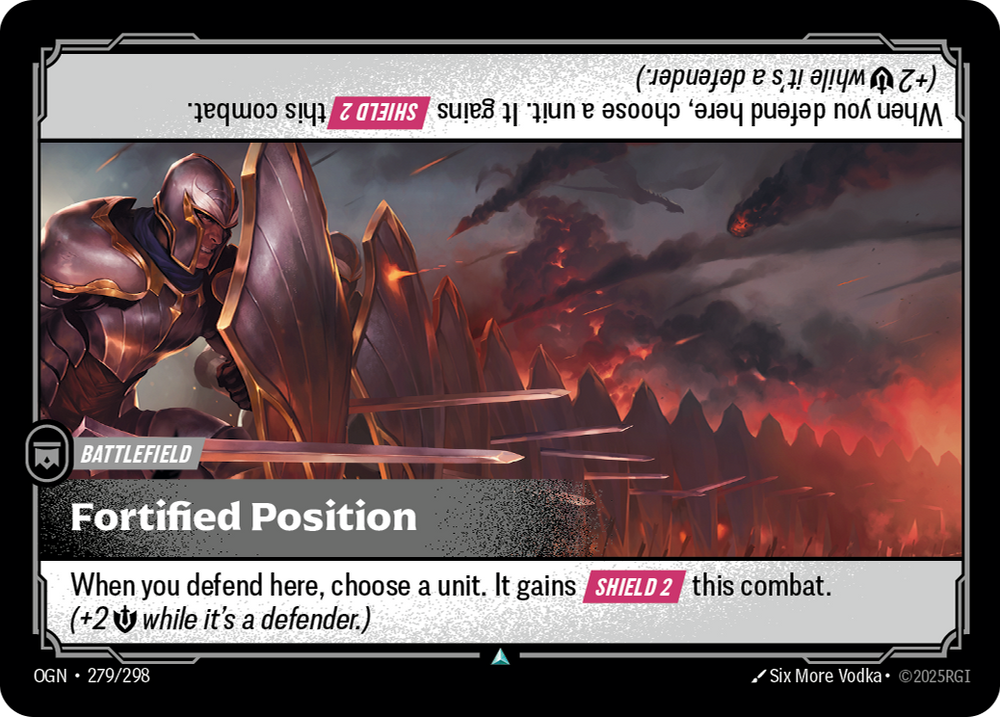 Riftbound Battlefield: Fortified Position. When you defend here, choose a unit. It gains [Shield 2] this combat. (+2 [S] while it's a defender.)
