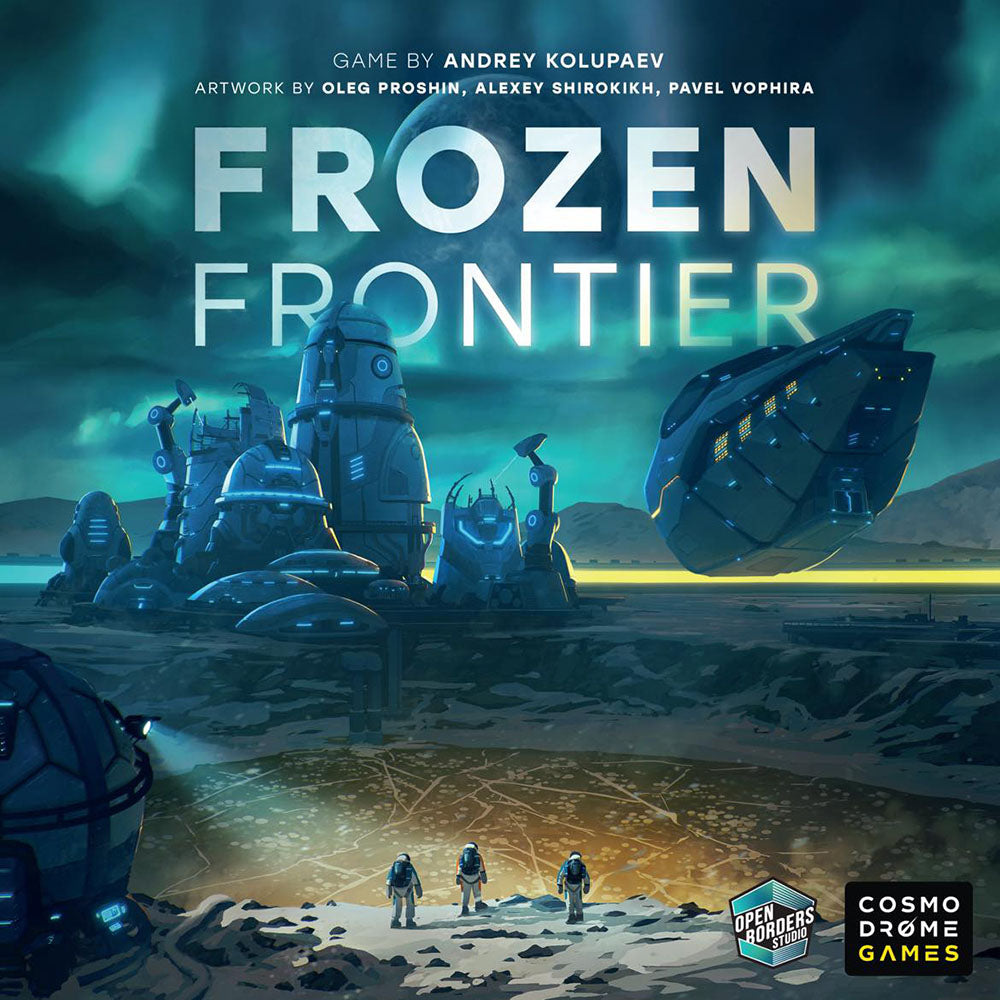 Board game cover of 'Frozen Frontier' with icy landscape and futuristic structures.