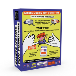 Box for 'Giants Moving Tiny Furniture' game with colorful design and text.