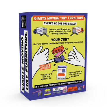 Box for 'Giants Moving Tiny Furniture' game with colorful design and text.