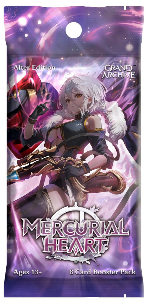 Card booster pack for 'Mercurial Heart' with character illustration on a purple and pink gradient background.GRAND ARCHIVE TCG MERCURIAL HEART ALTER EDITION PACK