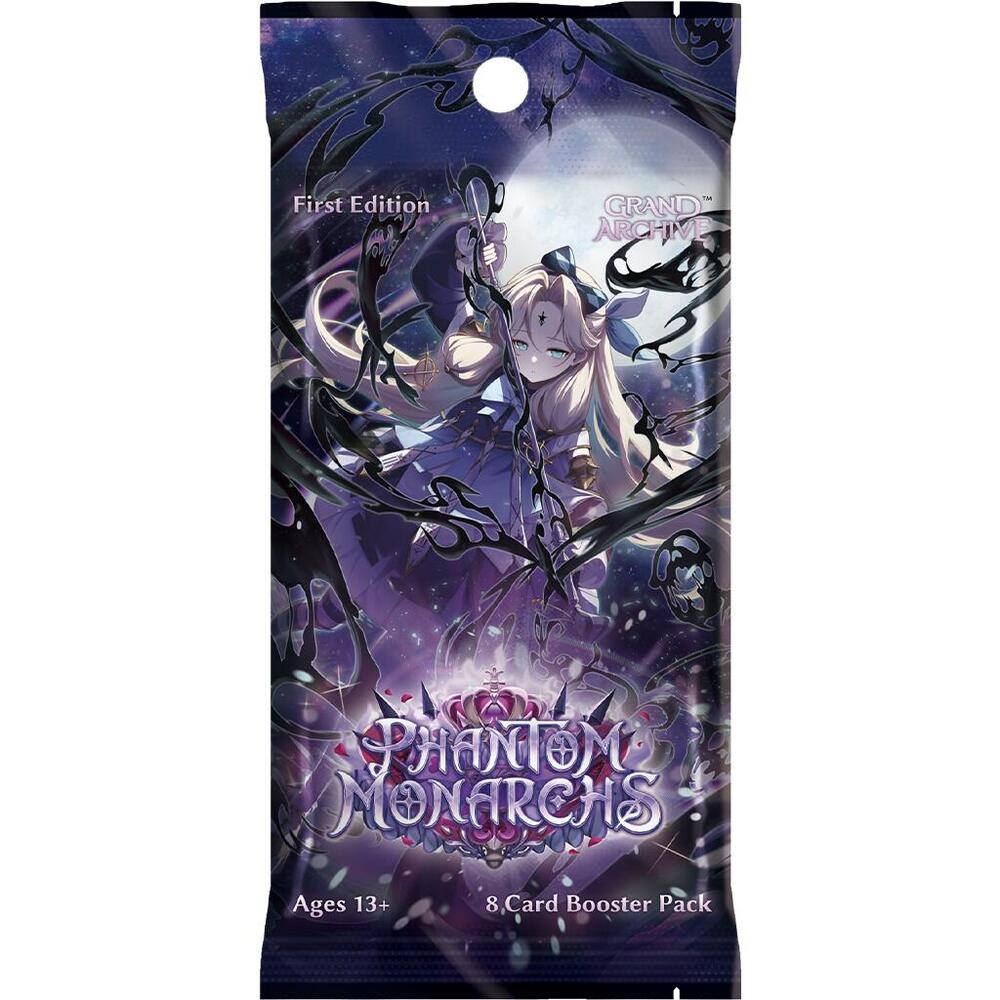Fantasy card game booster pack with artwork of a character and 'Phantom Monarchs' text on a purple background.