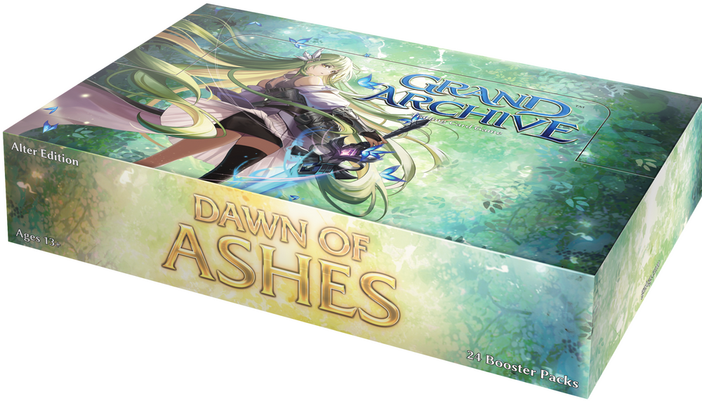 Card game box titled 'Dawn of Ashes' from the 'Grand Archive' series on a white background