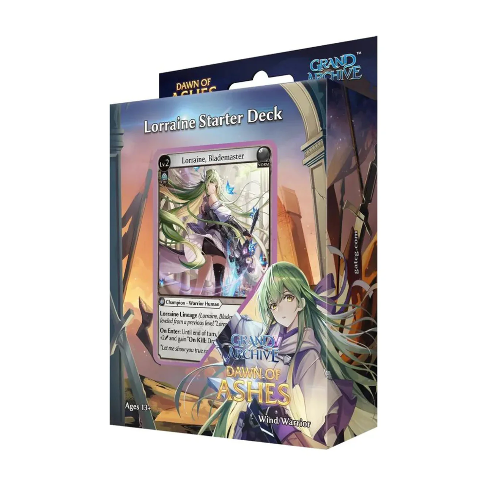 Card game packaging with character illustration and text on a white for Grand Archive: Dawn Of Ashes Starter Deck - Lorraine
