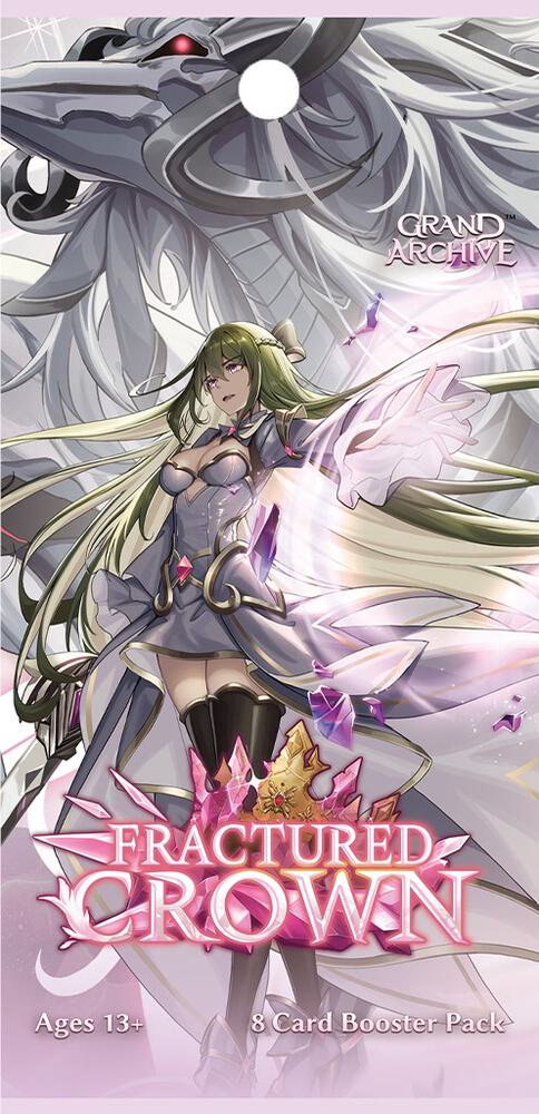 Card game booster pack cover featuring a character and dragon with 'Fractured Crown' branding.