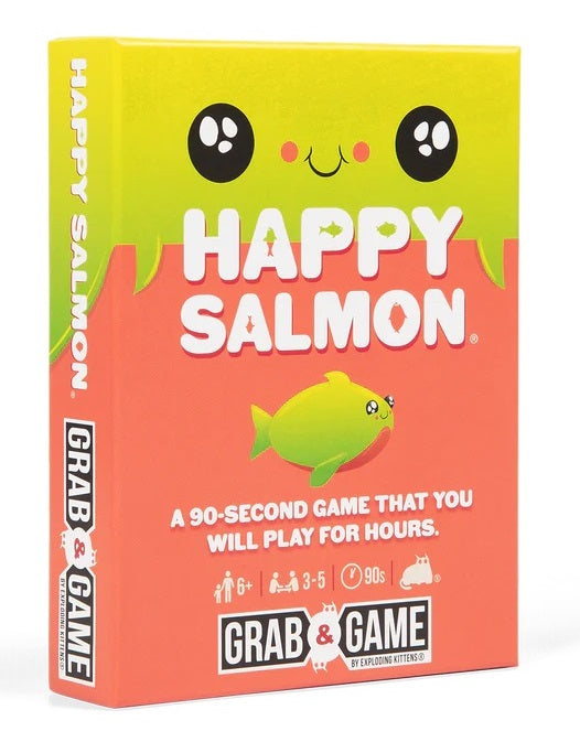 Happy Salmon game box with cartoon face and fish illustration on a white background
