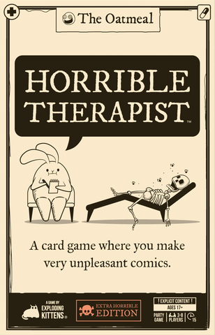 Game cover for 'Horrible Therapist' card game by The Oatmeal with cartoon therapist and patient illustration.