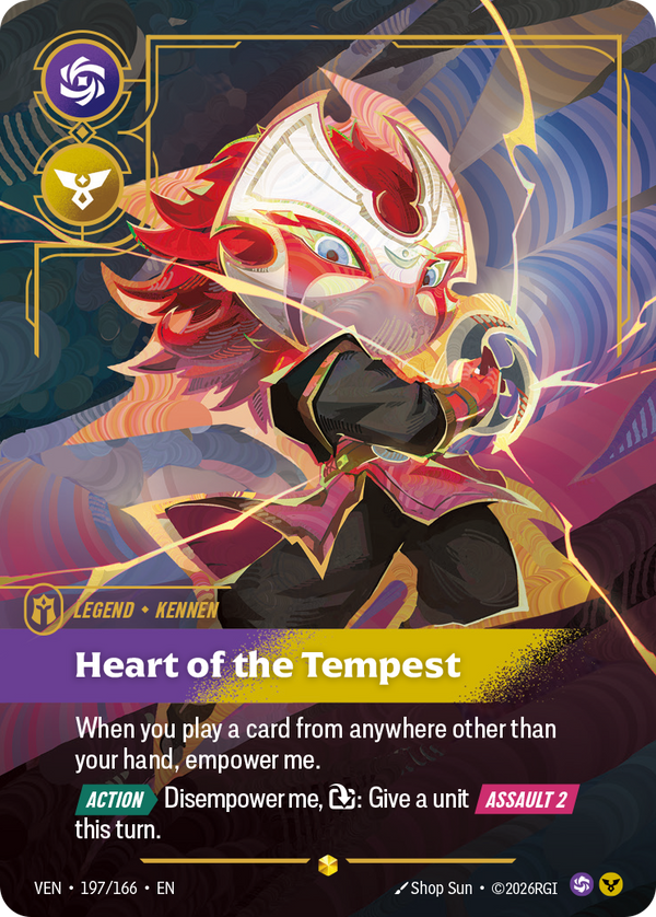 Riftbound Legend: Heart of the Tempest. When you play a card from anywhere other than your hand, empower me.
[Action][>] Disempower me, [T]: Give a unit [Assault 2] this turn.