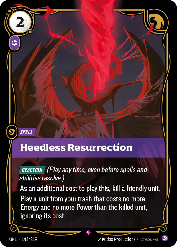 Riftbound Spell: Heedless Resurrection. [Reaction] (Play any time, even before spells and abilities resolve.)
As an additional cost to play this, kill a friendly unit.
Play a unit from your trash that costs no more Energy and no more Power than the killed unit, ignoring its cost.