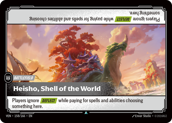 Riftbound Battlefield: Heisho, Shell of the World. Players ignore [Deflect] while paying for spells and abilities choosing something here.